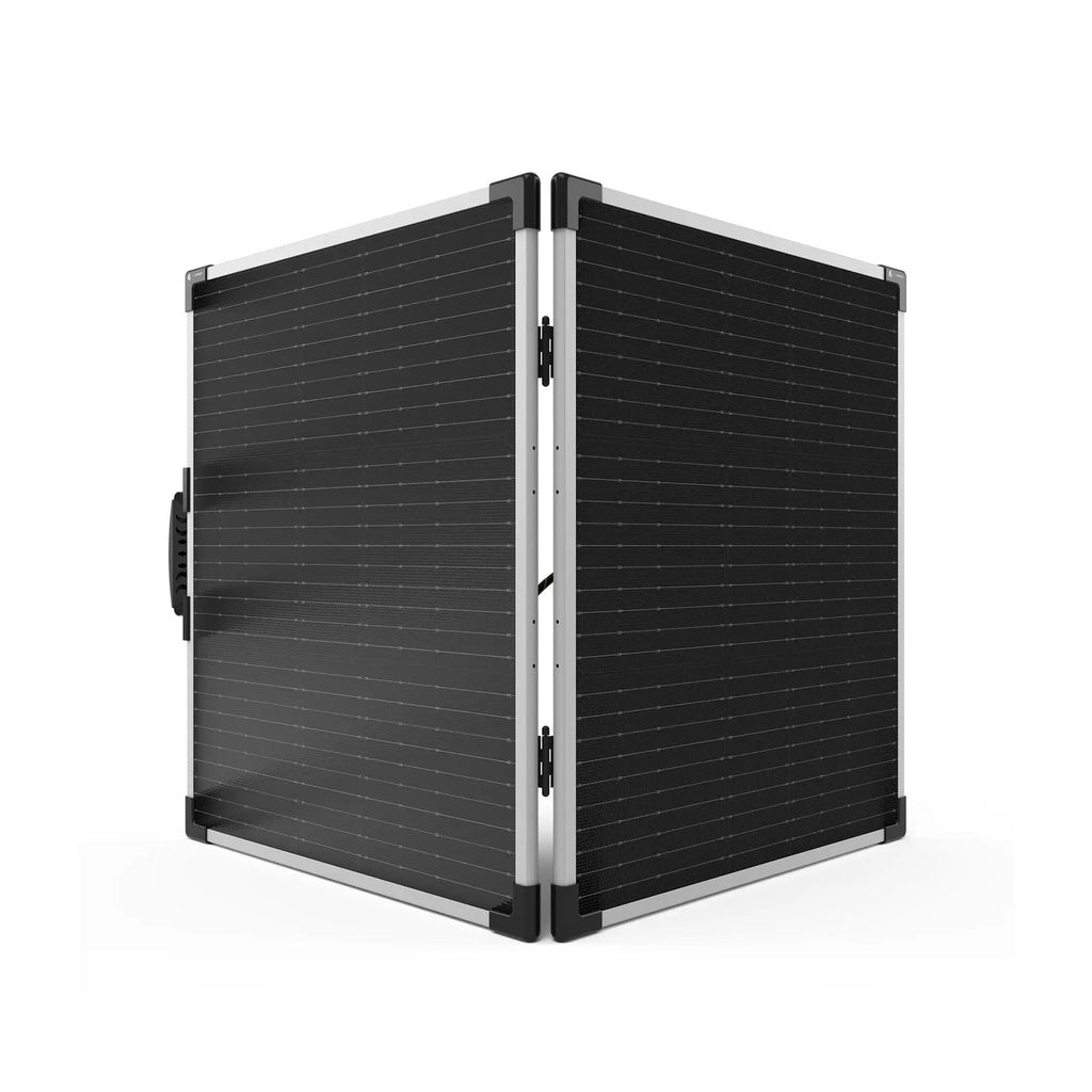 The Lion Energy Staging 100W LW Solar Panel 12V is a black, lightweight solar panel with a handle, displayed partially open against a white background.