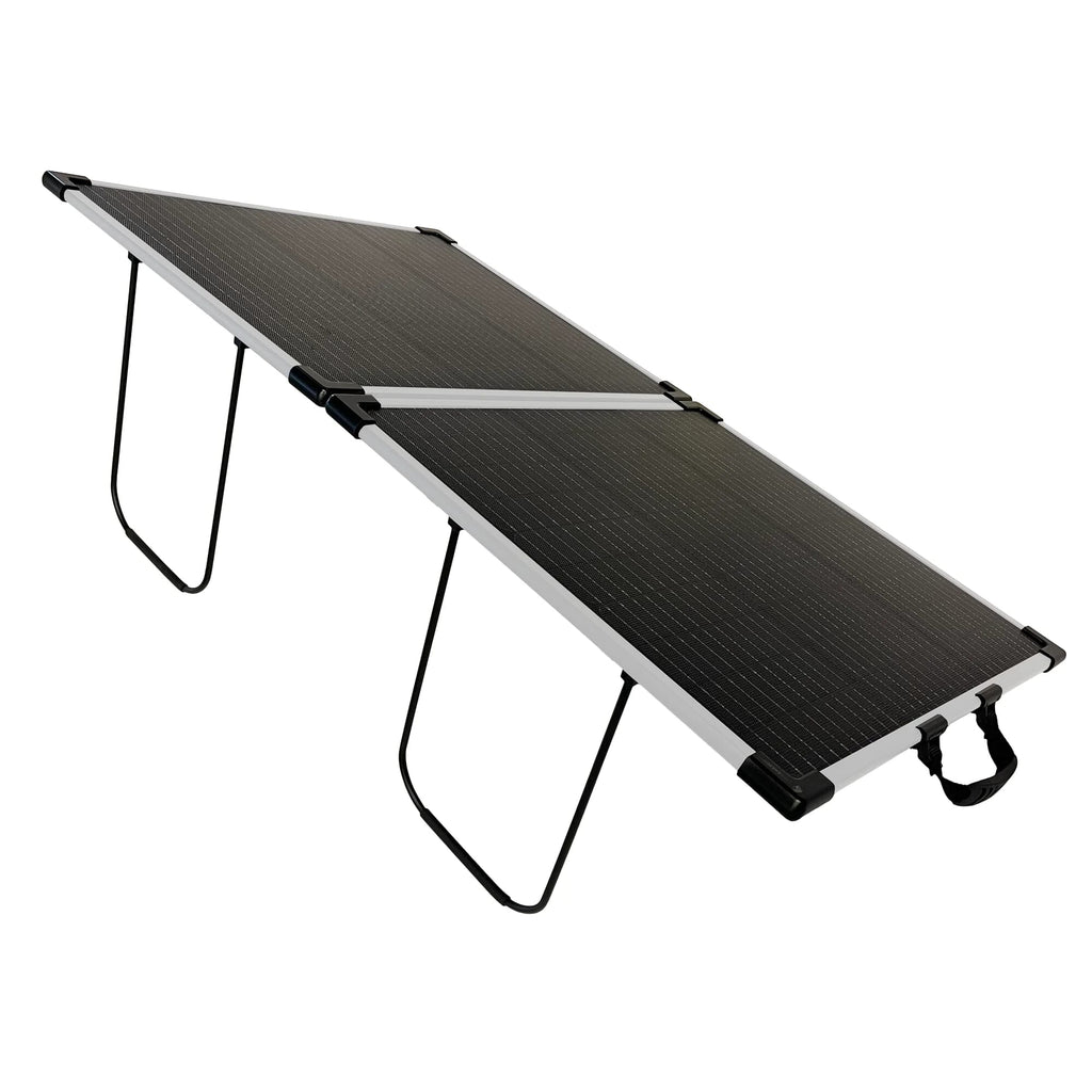 The Lion Energy Staging 100W LW Solar Panel 12V features black photovoltaic cells and sturdy metal support legs, shown standing on a white background.
