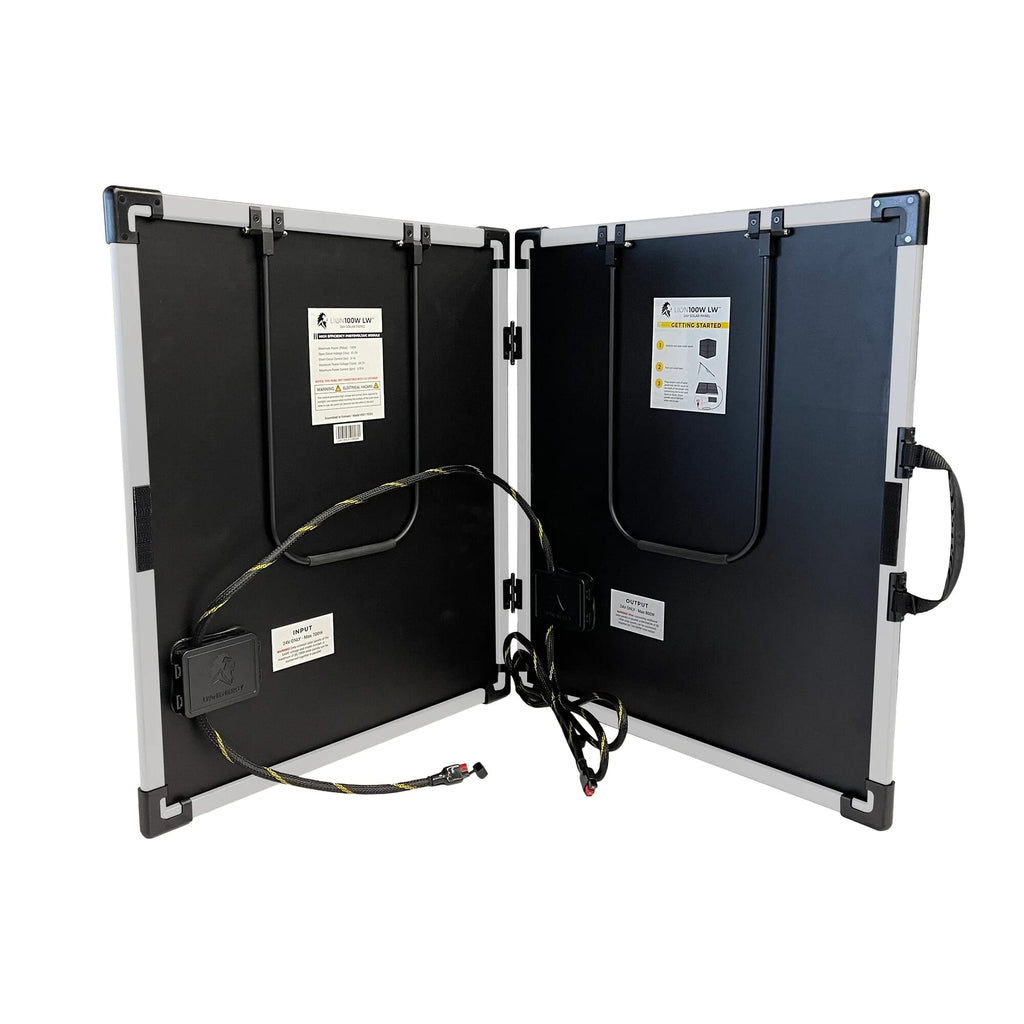 The Lion Energy Staging 100W LW Solar Panel 12V kit is shown open, displaying black panels, handles, cables, and instruction labels for easy setup.