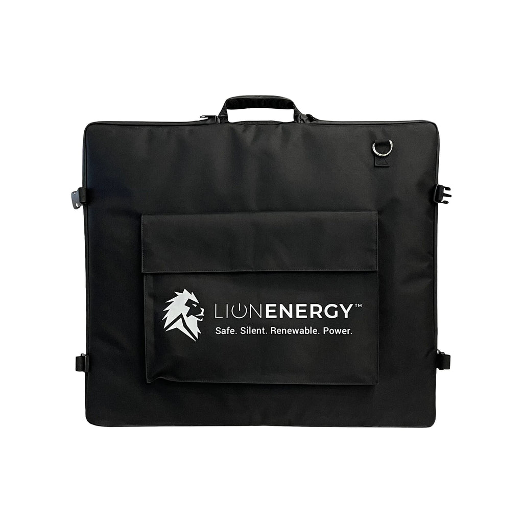 Black carrying case for the Lion Energy Staging 100W LW Solar Panel 12V, featuring the company logo and "Safe. Silent. Renewable. Power." on the front pocket, plus a sturdy handle and metal ring for easy transport.