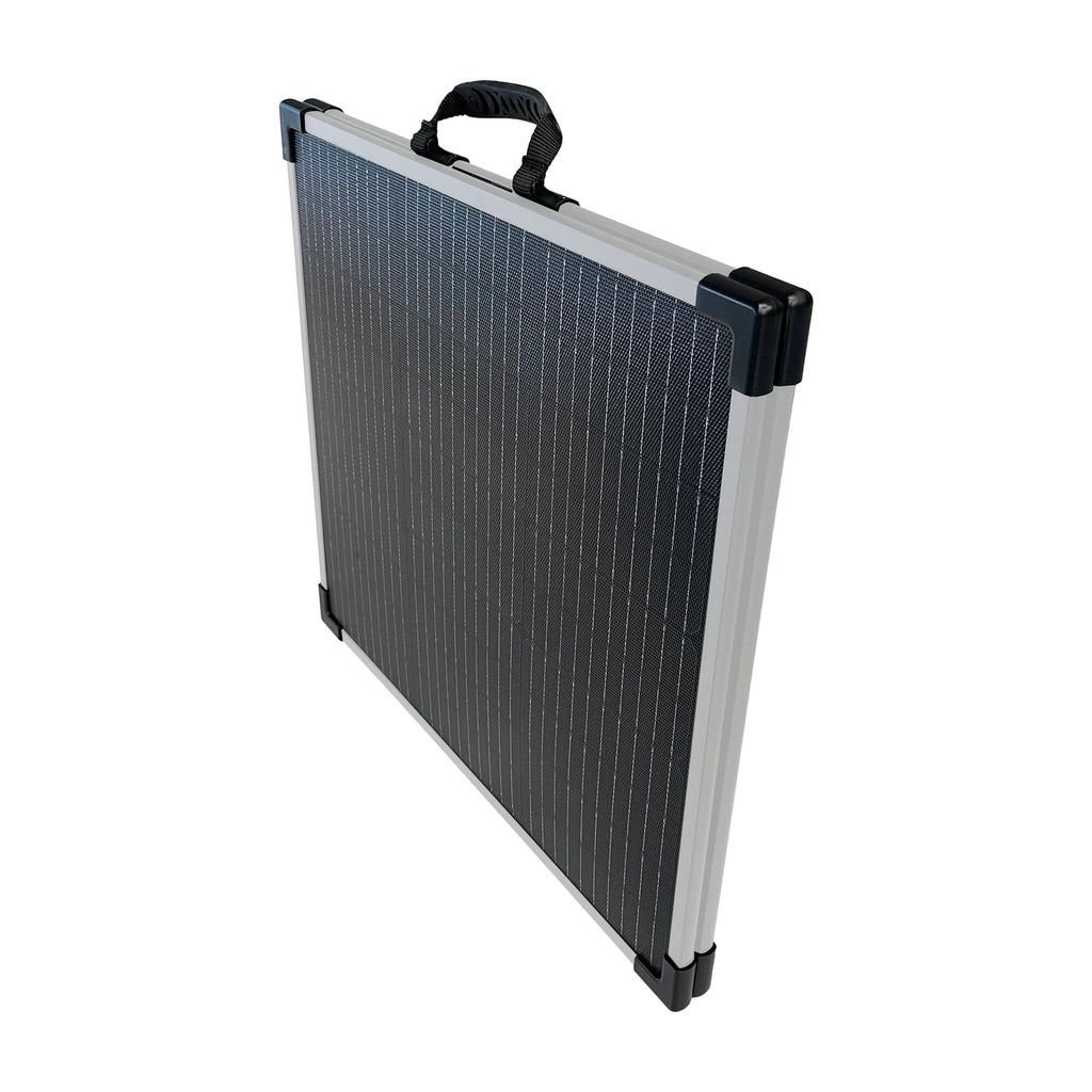 The Lion Energy Staging 100W LW Solar Panel 12V is a lightweight, foldable solar panel with a handle, set in a silver frame and standing upright on a white background—perfect for portable power needs.