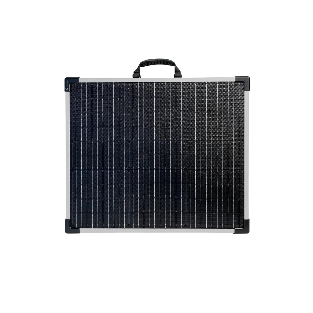 The Lion Energy Staging 100W LW Solar Panel 12V, featuring a lightweight design, black grid surface, black corners, and a top carrying handle, is shown against a white background.