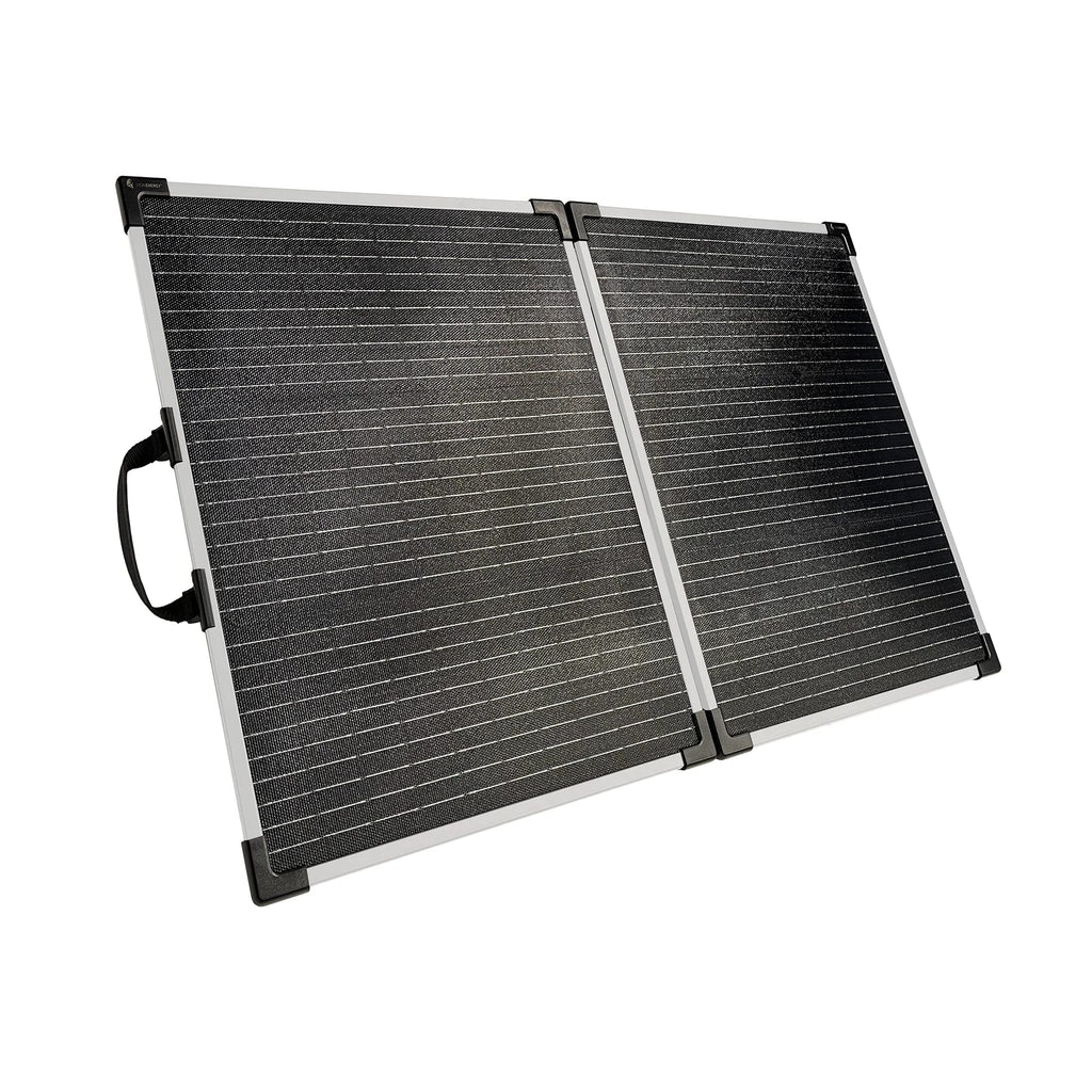 The Lion Energy Staging 100W LW Solar Panel 12V is lightweight and portable, featuring a handle and two connected black solar cells with silver frames, shown open and angled for display.