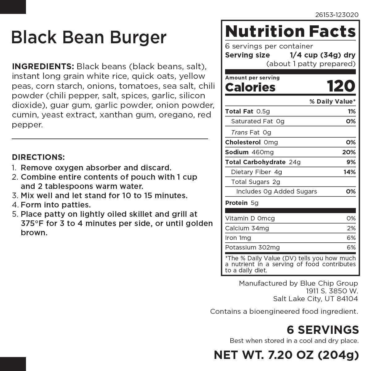 Augason Farms "Bakers Dozen" Pouches (13 Pouches*) WS features a Black Bean Burger label with ingredients, directions, nutrition facts, and servings. Each pouch: net wt. 7.20 oz (204g), 6 servings; comes in bulk for convenience.