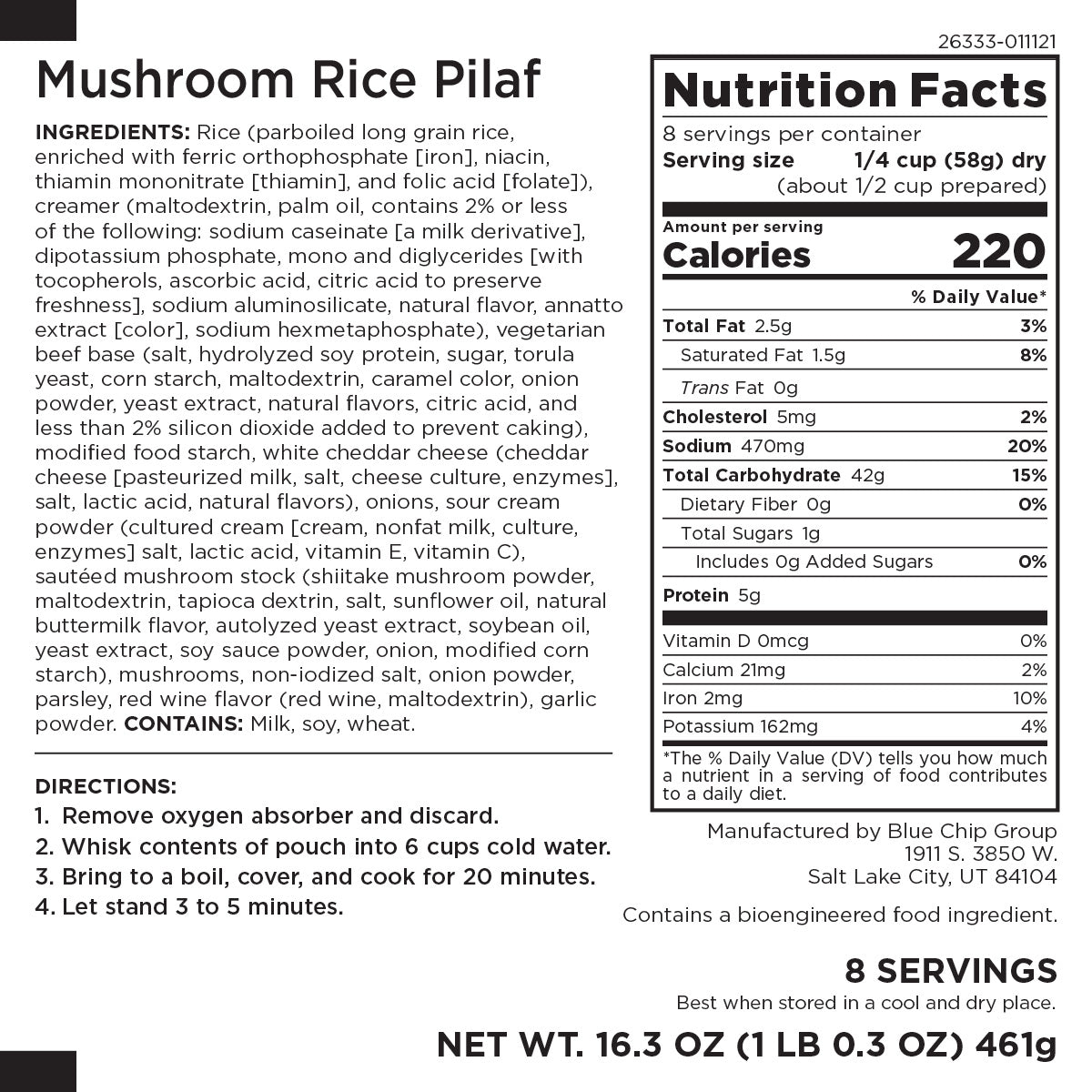 Augason Farms "Bakers Dozen" Pouches (13 Pouches*), Mushroom Rice Pilaf: includes nutrition label, ingredients, serving size, calories, nutritional and allergen info. Net wt. 16.3 oz (463 g). Available in bulk or discounted Bakers Dozen pack.