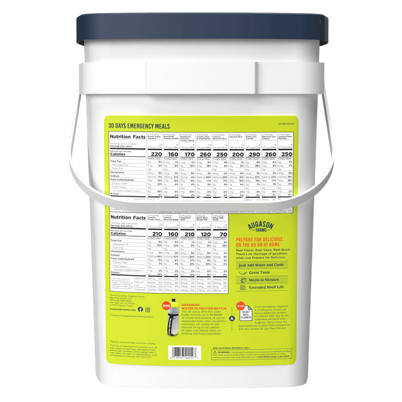 30 - Day 1 - Person Emergency Food Supply Kit with Water Filtration Bottle, Extra Calories per Day, 252 Servings - Augason Farms
