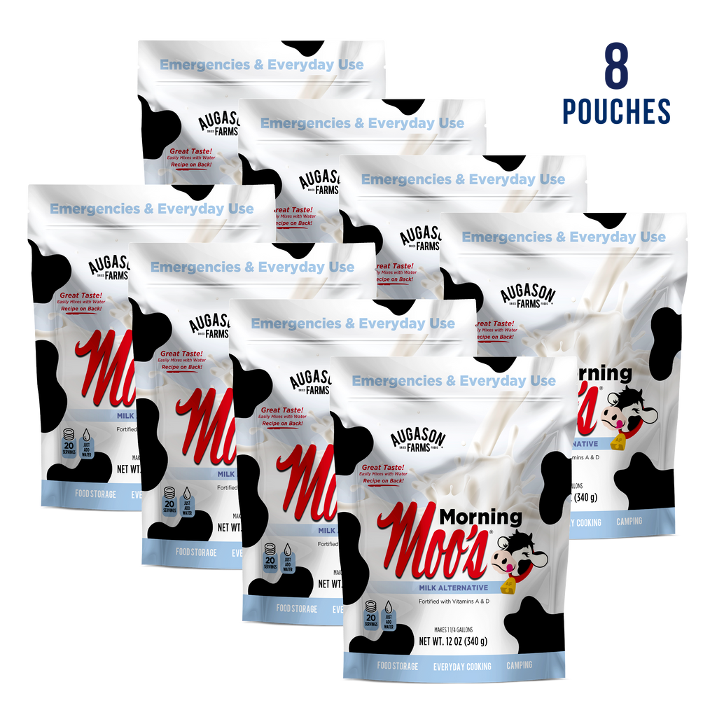 Eight pouches of Augason Farms Morning Moo’s Milk Alternative, each with 20 servings, are grouped for emergencies and daily use—a smart choice for your emergency food supply.