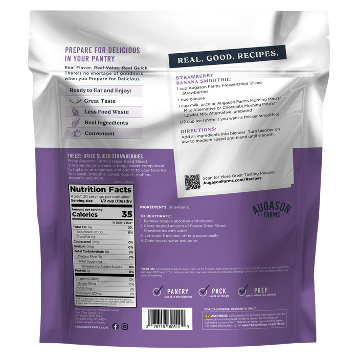 Back of an Augason Farms Freeze Dried Sliced Strawberries Family Size Pouch (20 servings), displaying nutrition facts, preparation steps, recipes, emergency food benefits, and a QR code for more recipes.