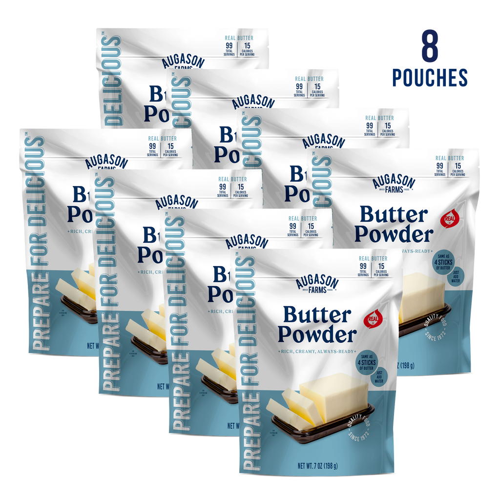 Eight pouches of Augason Farms Butter Powder Pouch, 99 Servings, are arranged in two rows with branded packaging featuring butter images and "8 pouches" text displayed in the upper right corner.
