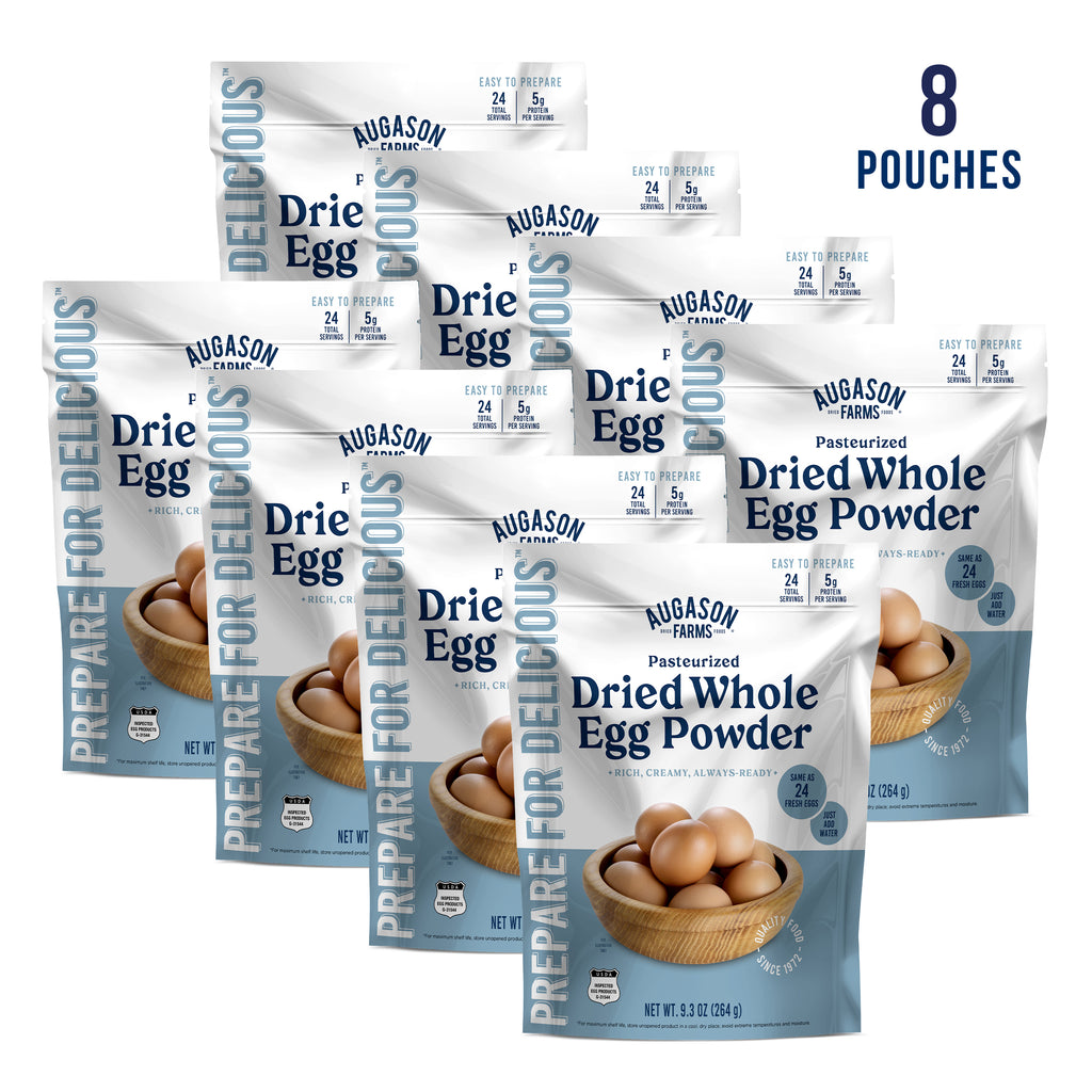 Eight pouches of Augason Farms egg multipack are grouped together against a white background, each pouch showing product details.