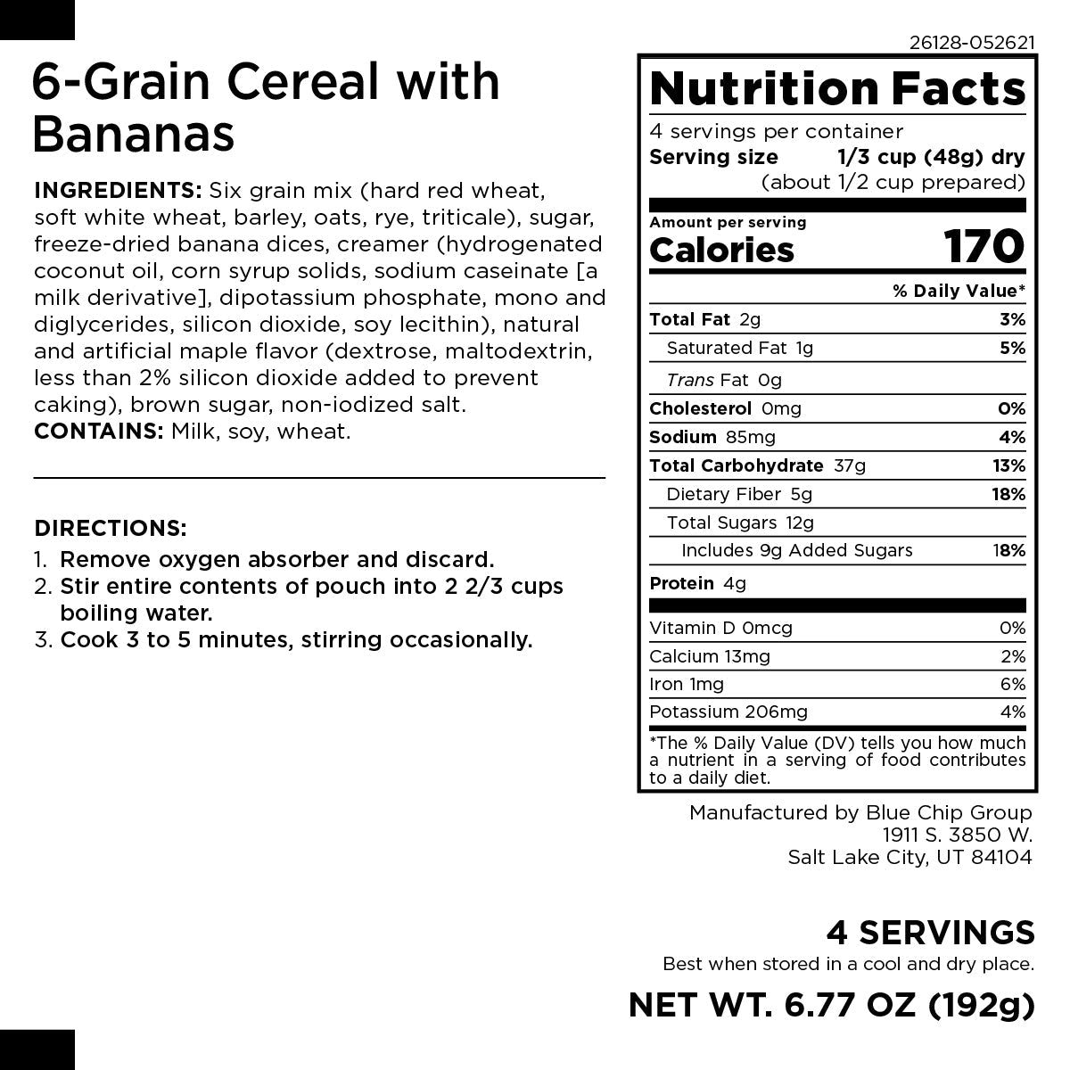 6 - Grain Cereal with Bananas Pouch, 4 Servings - Augason Farms