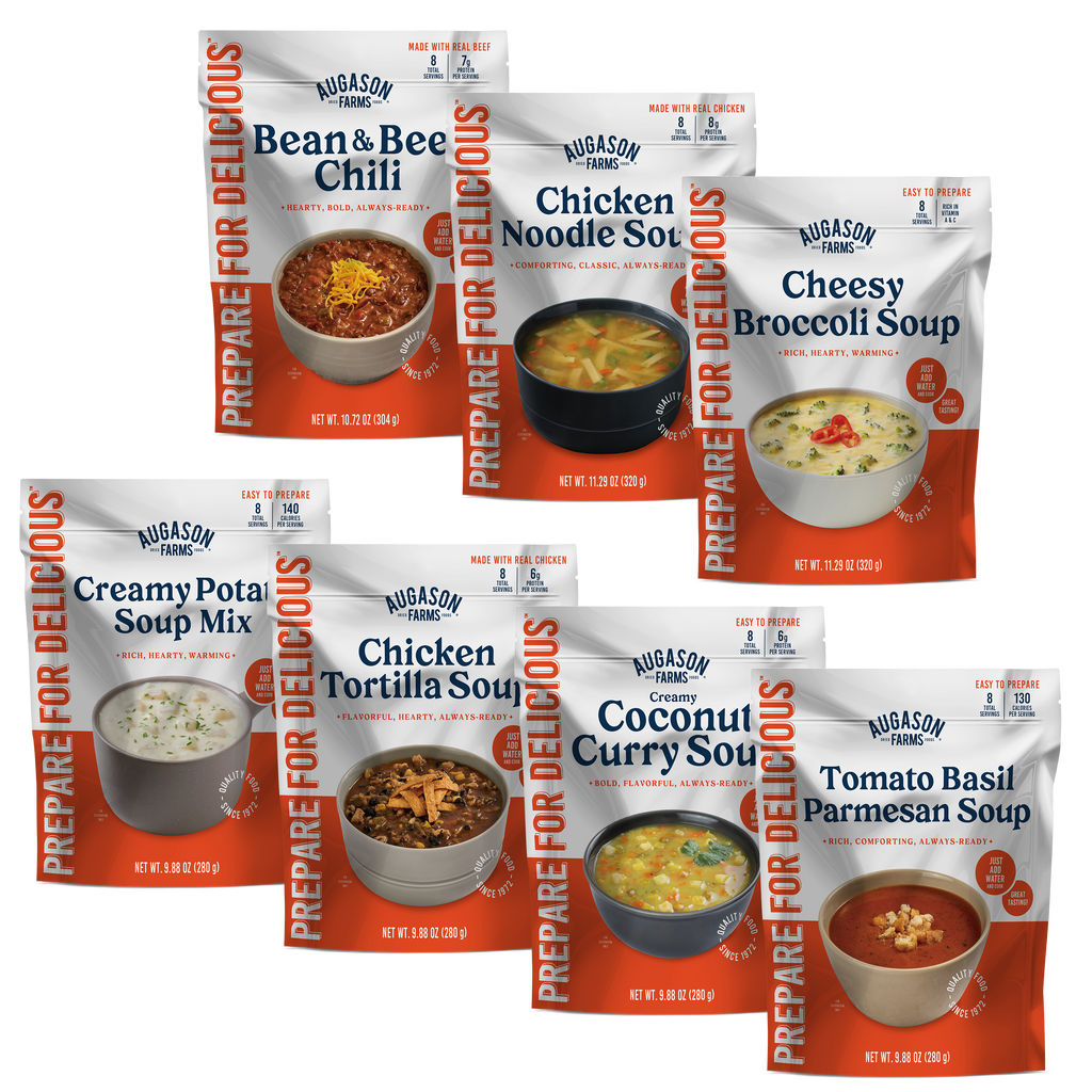 The Augason Farms Soup Pouch Variety Pack offers 7 flavors and 56 servings—perfect for family dinners or emergency meals. Enjoy options like Bean & Beef Chili, Chicken Noodle, Cheesy Broccoli, and more.