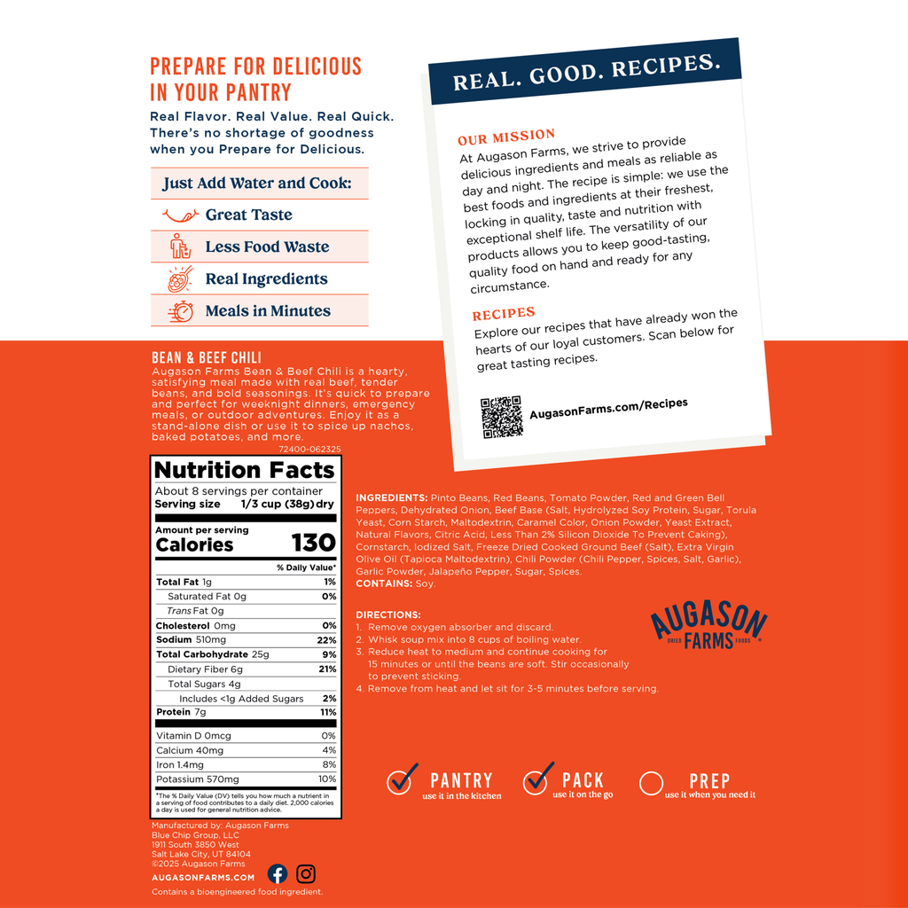 Bean and Beef Chili Pouch, 8 Servings - Augason Farms