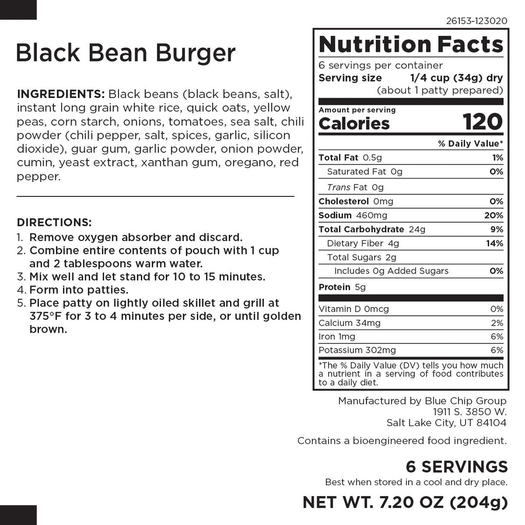 Black Bean Burger Pouch, 6 Servings - Augason Farms