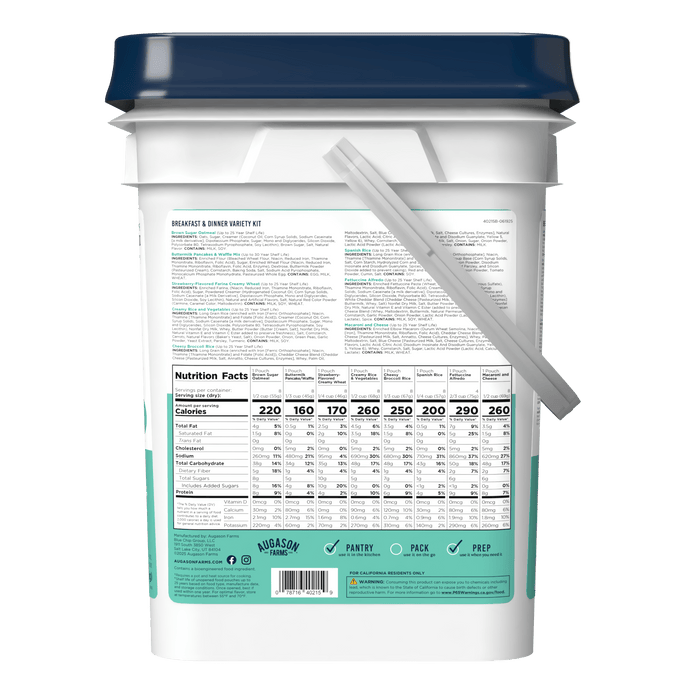 The Augason Farms Breakfast, Lunch & Dinner Variety Kit offers 232 servings in a white plastic bucket with a blue lid, gray handle, and meal details on the label—ideal for full-day meal coverage in any emergency.