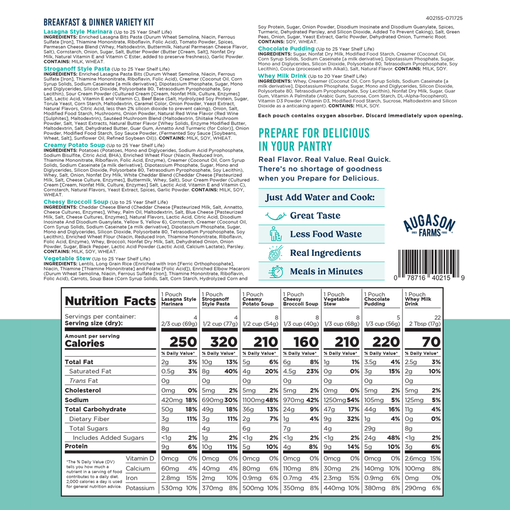 Breakfast and Dinner Variety Kit, 119 Servings - Augason Farms