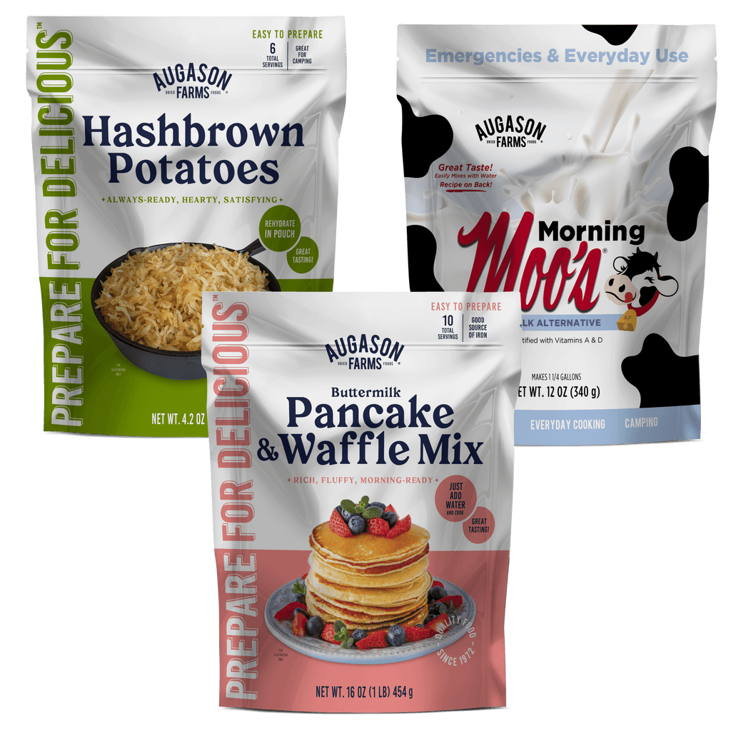 Breakfast Essentials Variety Pack - Hashbrown, Pancake & Waffle Mix, Morning Moo's Milk Alternative - Augason Farms