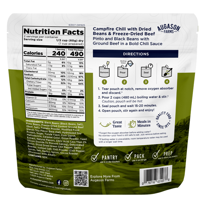 Campfire Chili with Freeze Dried Beef, Cook in Pouch, Outdoor Meals, 2 Servings - Augason Farms