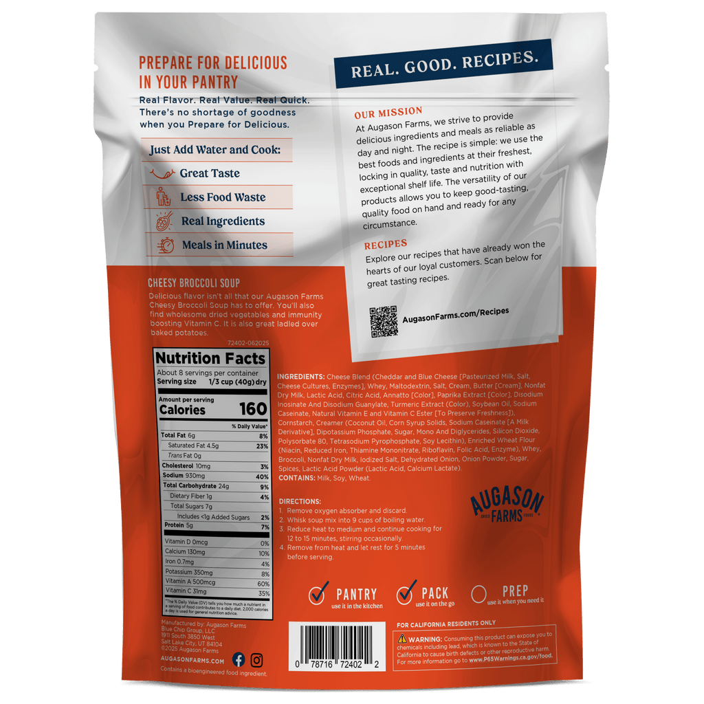 Back of an Augason Farms Soup Pouch Variety Pack shows prep instructions, nutrition facts, ingredients, brand mission, and website on an orange and white background—ideal for quick meals or adding to your emergency food supply.