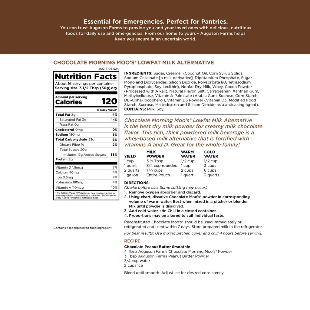 Chocolate Morning Moo's Milk Alternative Pouch, 16 Servings - Augason Farms