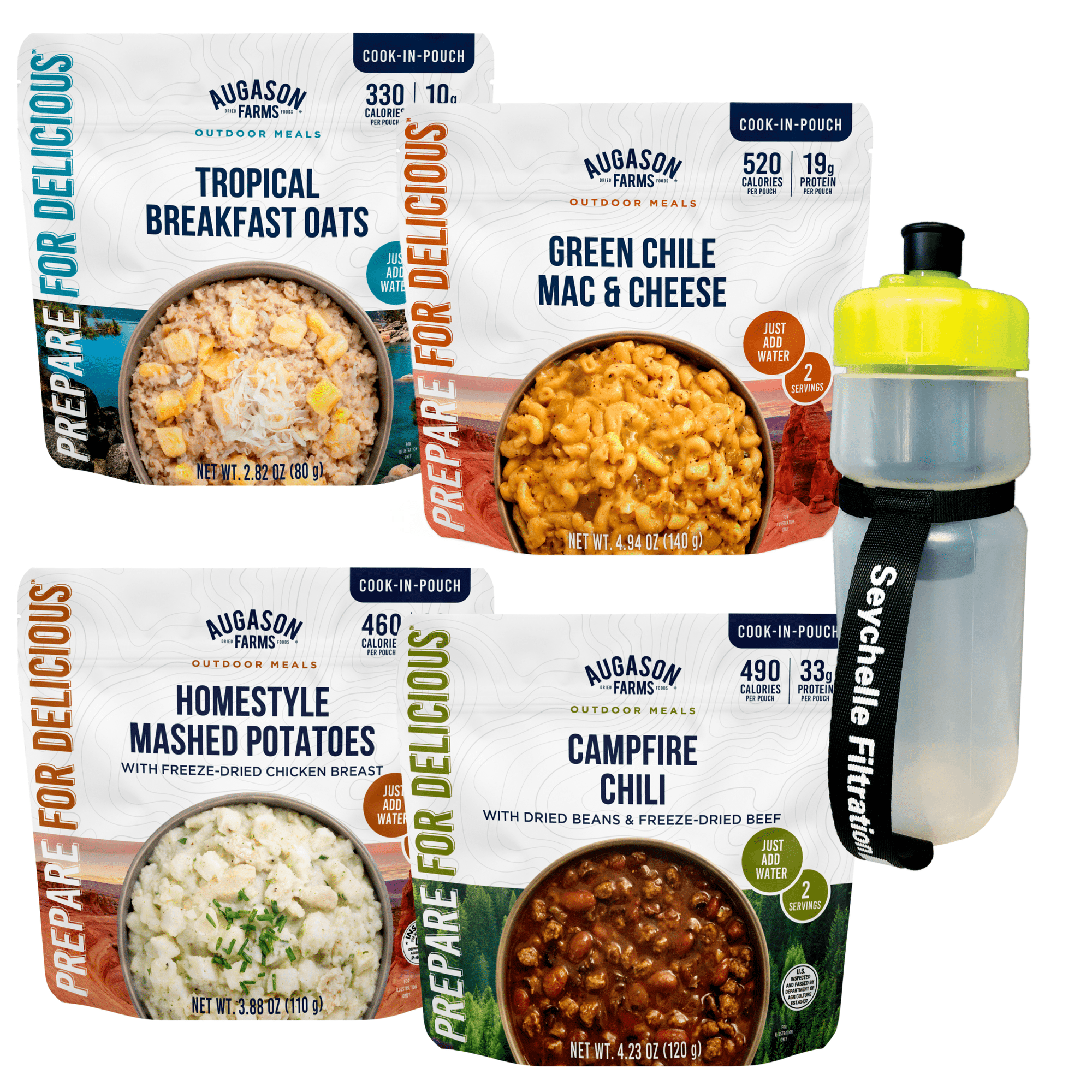 Cook in Pouch Meal Variety Pack with 24 oz. Water Filtration Bottle, 8 Servings, 1,800 Calories - Augason Farms