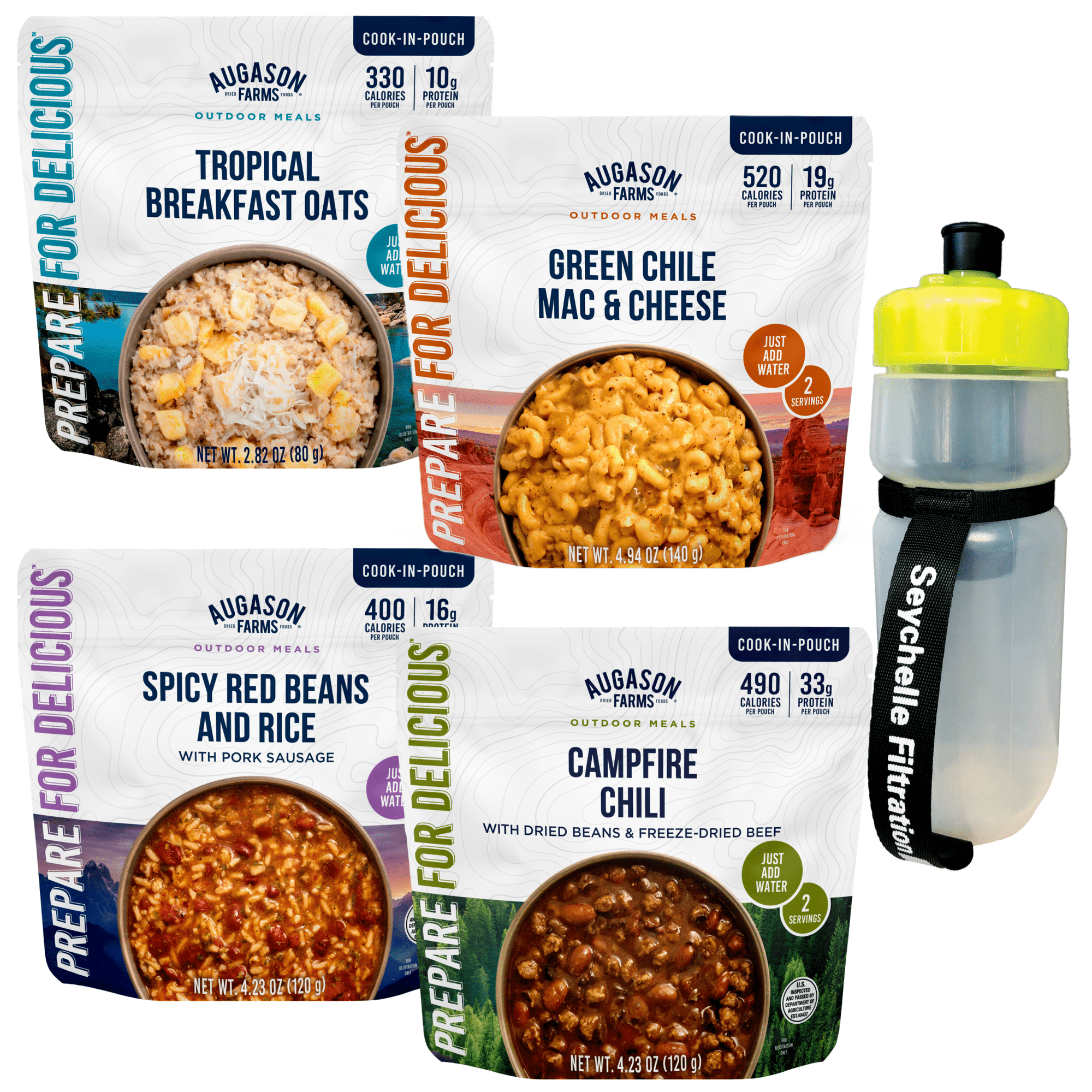 Cook in Pouch Meal Variety Pack with FREE 24 oz. Water Filtration Bottle, 8 Servings - Augason Farms