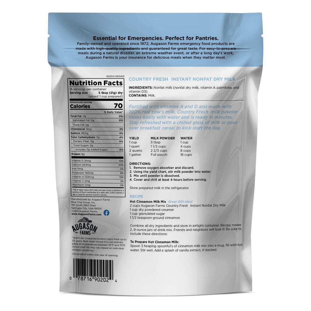 Country Fresh 100% Real Instant Nonfat Dry Milk Pouch - Augason Farms