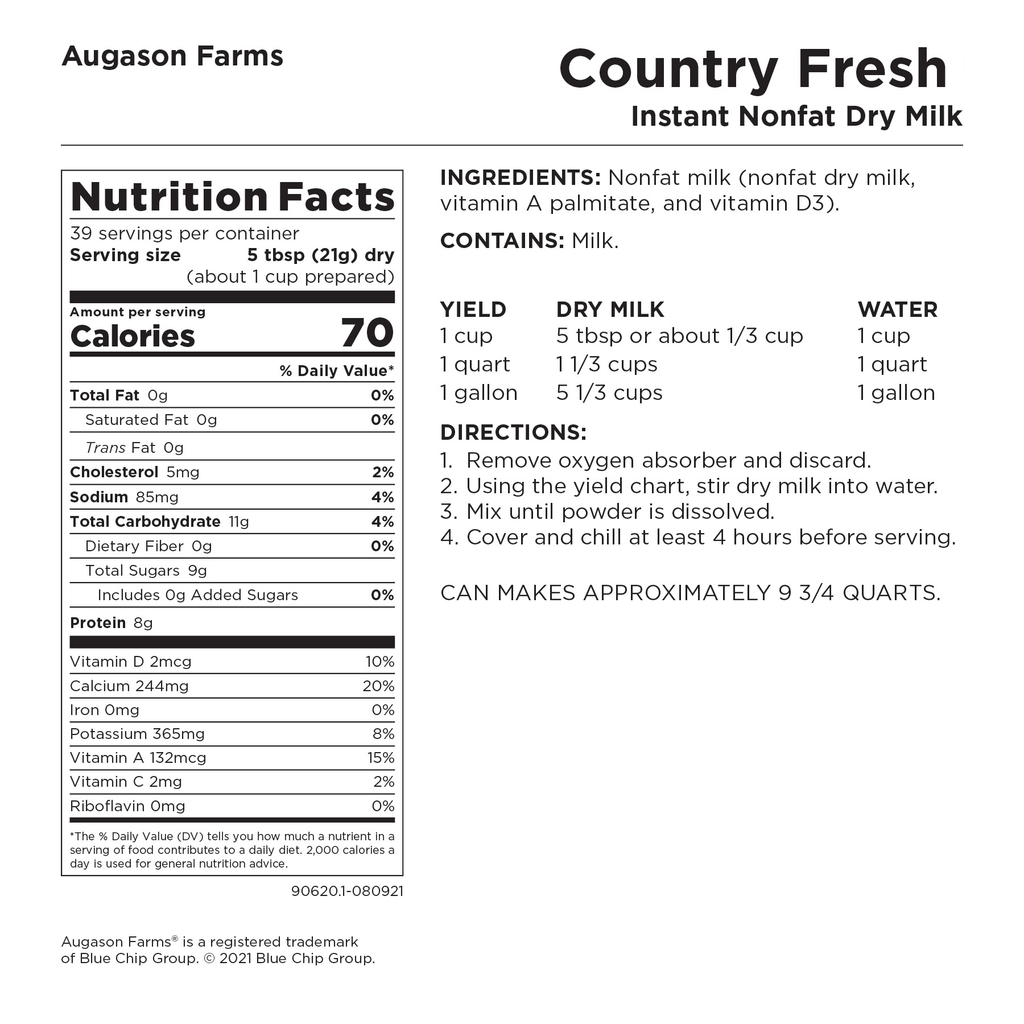 Country Fresh Instant Nonfat Dry Milk Can, 39 Servings - Augason Farms