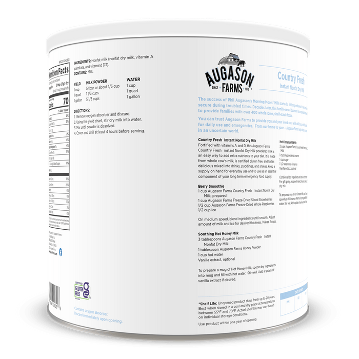 Country Fresh Instant Nonfat Dry Milk Can, 39 Servings - Augason Farms