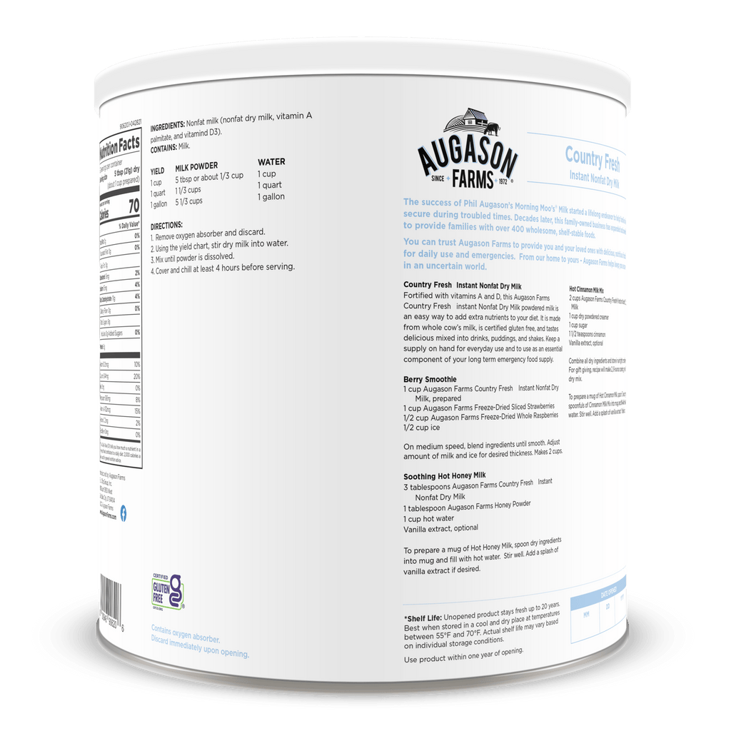 Country Fresh Instant Nonfat Dry Milk Can, 39 Servings - Augason Farms