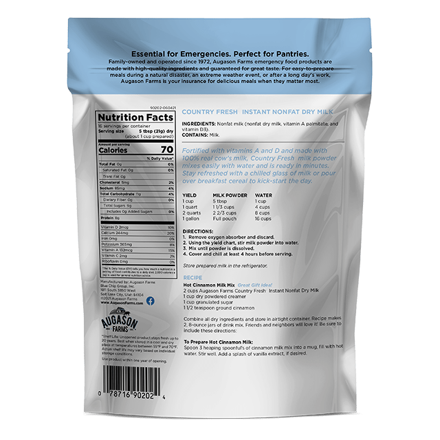 Country Fresh Instant Nonfat Dry Milk Pouch, 16 Servings - Augason Farms