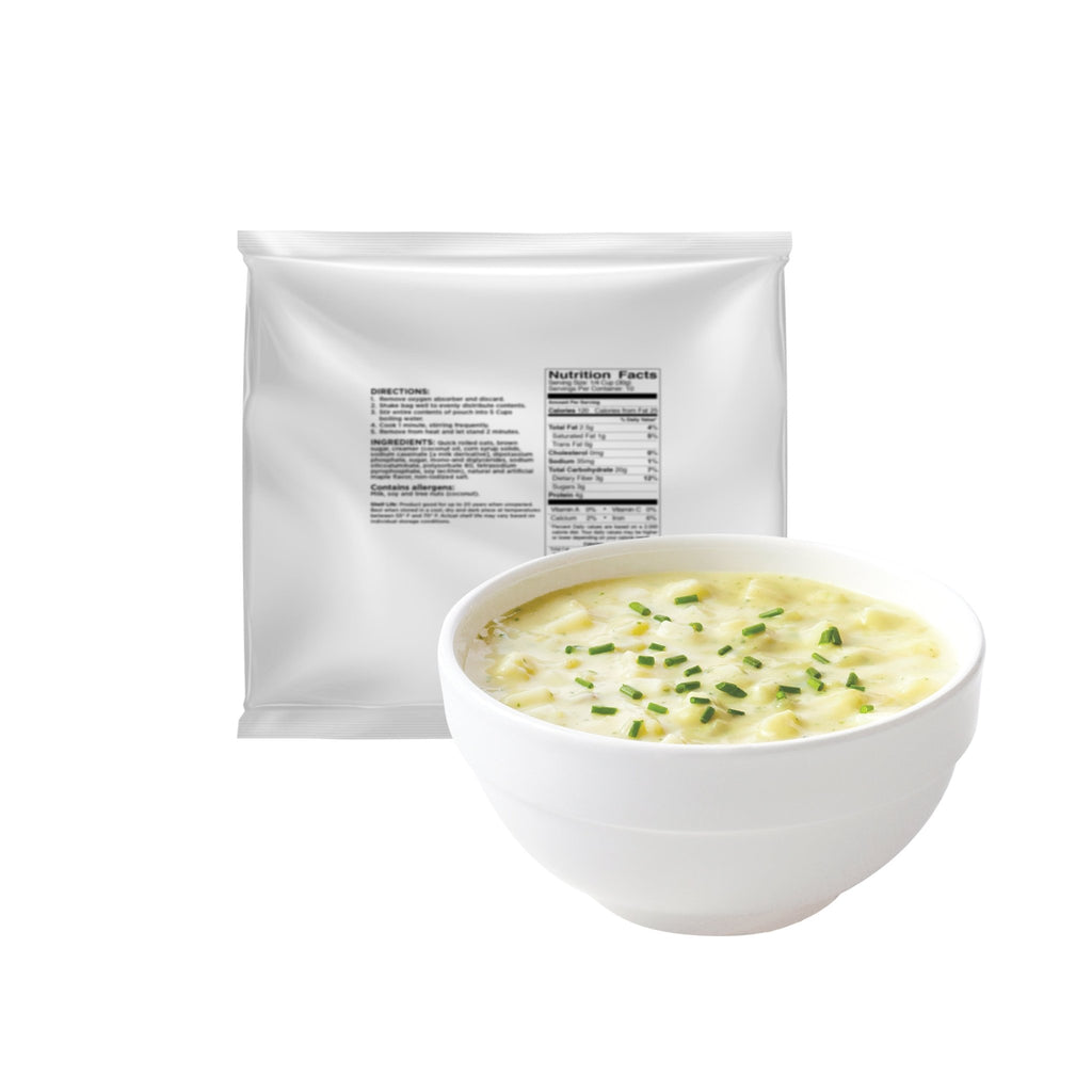 A bowl of Augason Farms Creamy Potato Soup sits before its pouch, featuring directions and nutrition facts—a shelf-stable choice for your emergency food supply. Each pouch contains 8 servings.