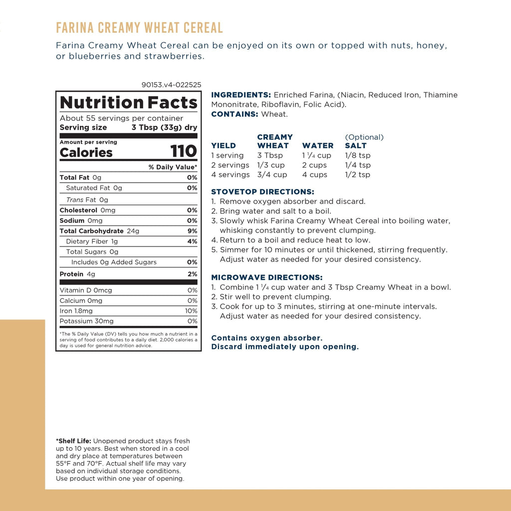 Creamy Wheat Cereal Can, 55 Servings - Augason Farms