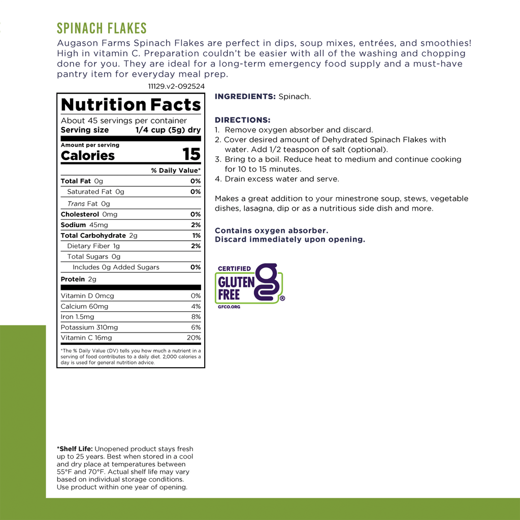 Dehydrated Spinach Flakes Can - Augason Farms