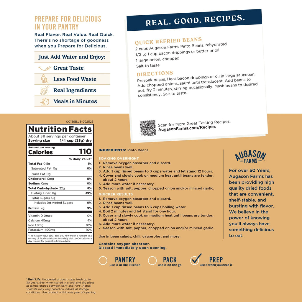 Dried Pinto Beans 4 Gallon Pail, 311 Servings - Augason Farms