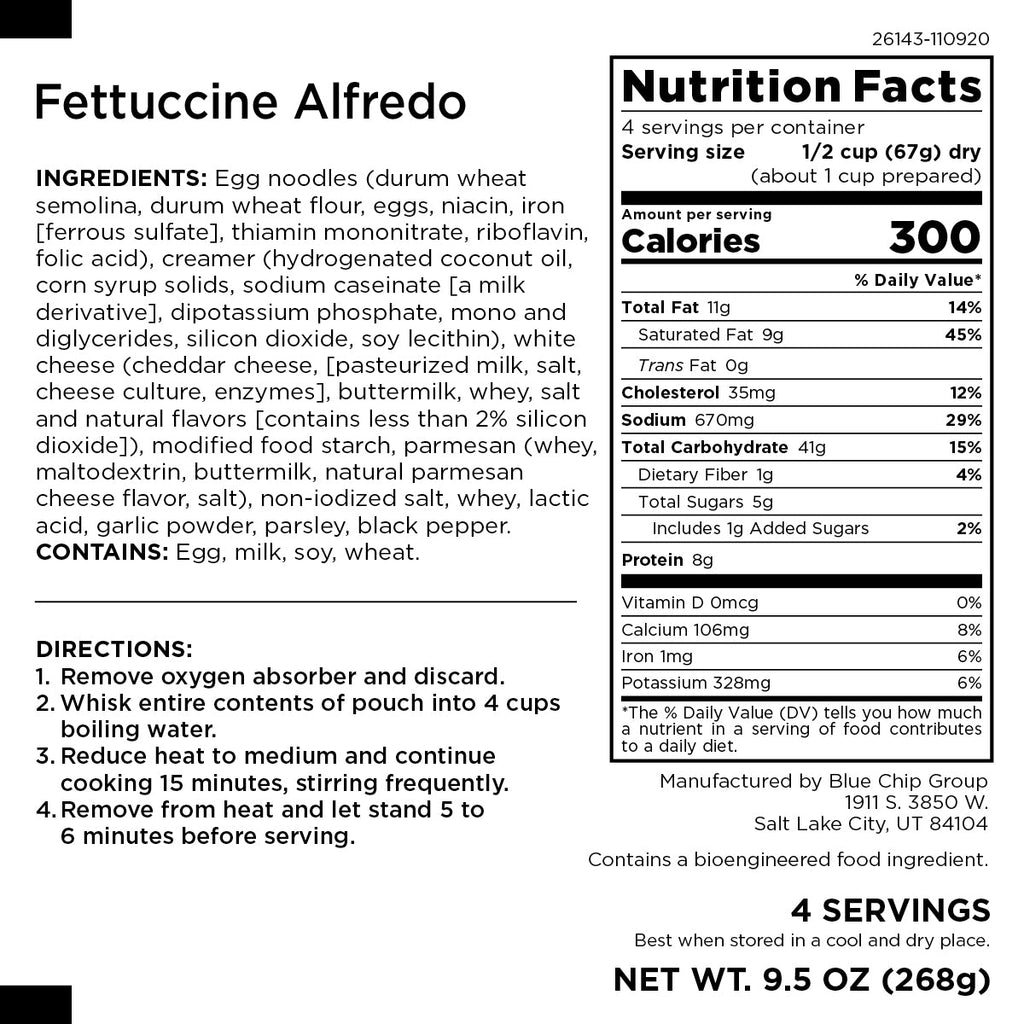 Fettuccine Alfredo Pouch, 4 Servings - Augason Farms
