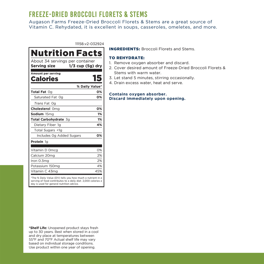 Freeze - Dried Broccoli Florets & Stems - Augason Farms