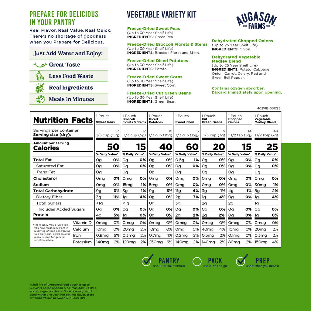 Freeze Dried & Dehydrated Vegetable Variety Kit, 125 Servings - Augason Farms