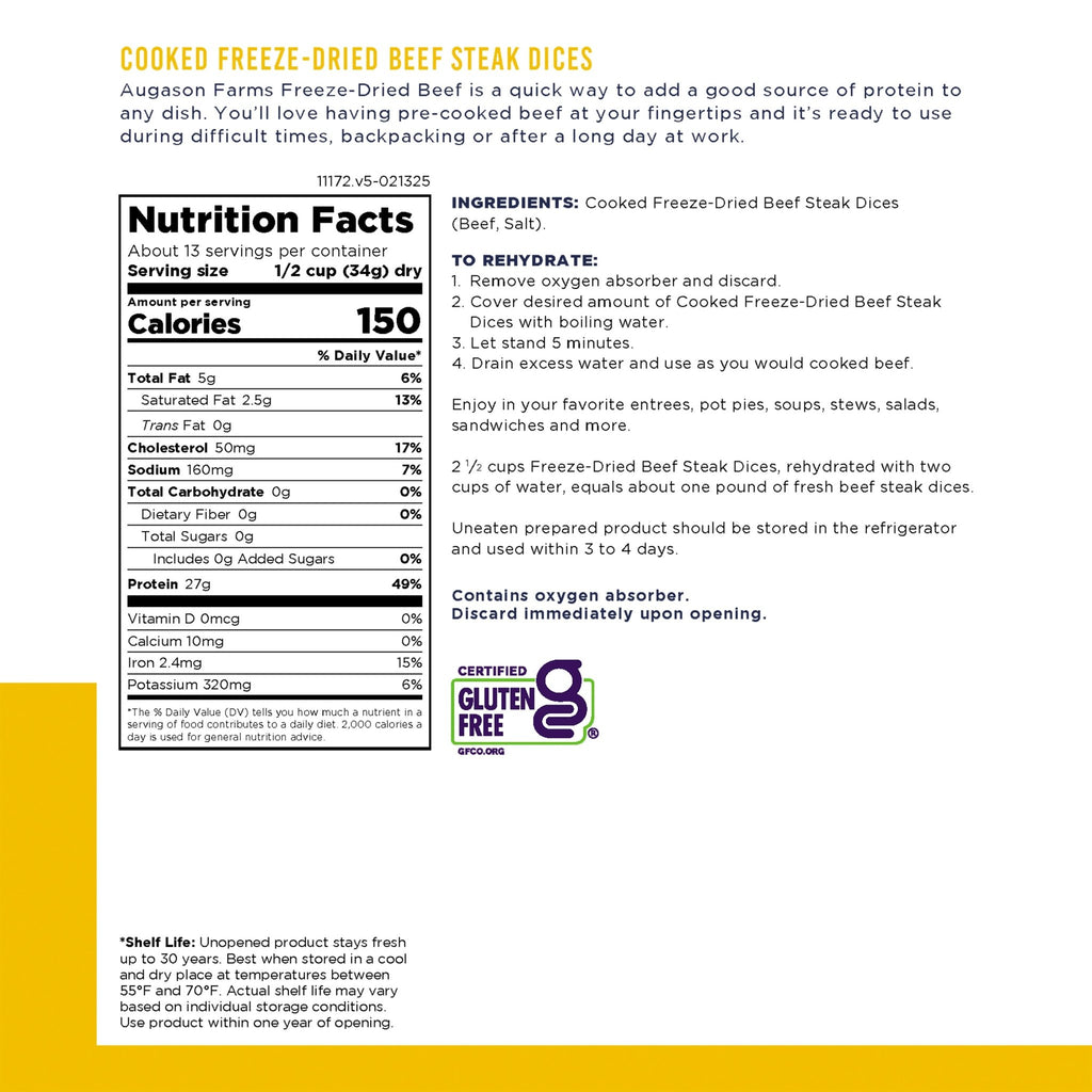 Freeze - Dried Meat - Beef Steak Dices (100% Real Meat) - Augason Farms
