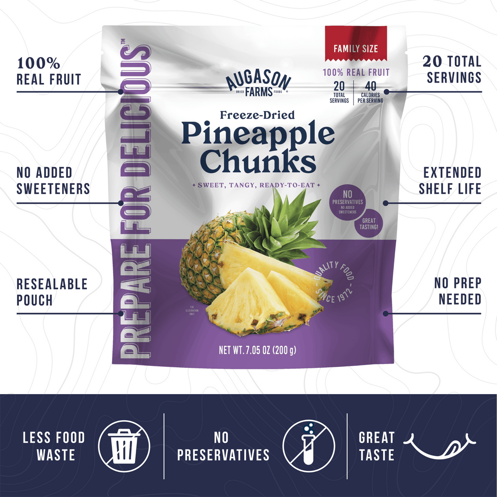 Augason Farms Freeze Dried Pineapple Chunks Family Size Pouch offers 20 servings of 100% real pineapple with no added sweeteners, in a resealable pouch for extended shelf life.