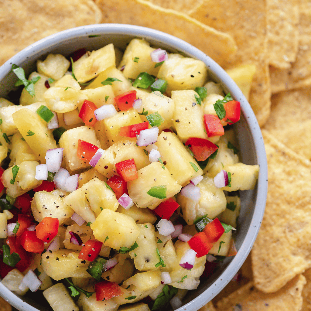 Enjoy a bowl of pineapple salsa with red onion, cilantro, and red pepper, surrounded by tortilla chips. For extra convenience and flavor, try Augason Farms Freeze Dried Pineapple Chunks Family Size Pouch (20 Servings).
