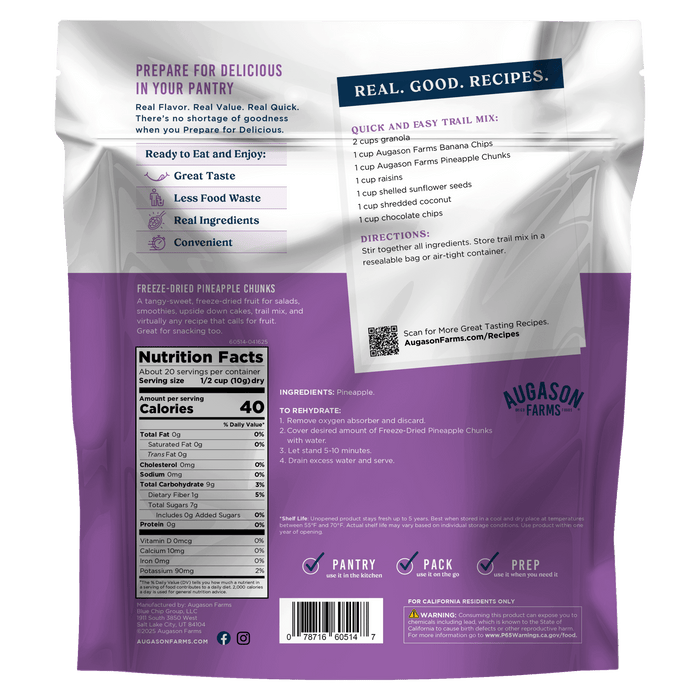 Back of an Augason Farms Freeze Dried Pineapple Chunks Family Size Pouch (20 servings) featuring nutrition facts, ingredients, preparation tips, and a recipe with 100% real pineapple chunks.