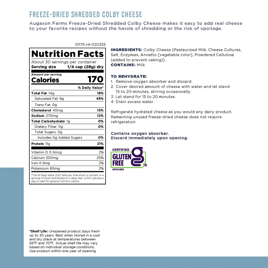 Freeze - Dried Shredded Colby Cheese - Augason Farms