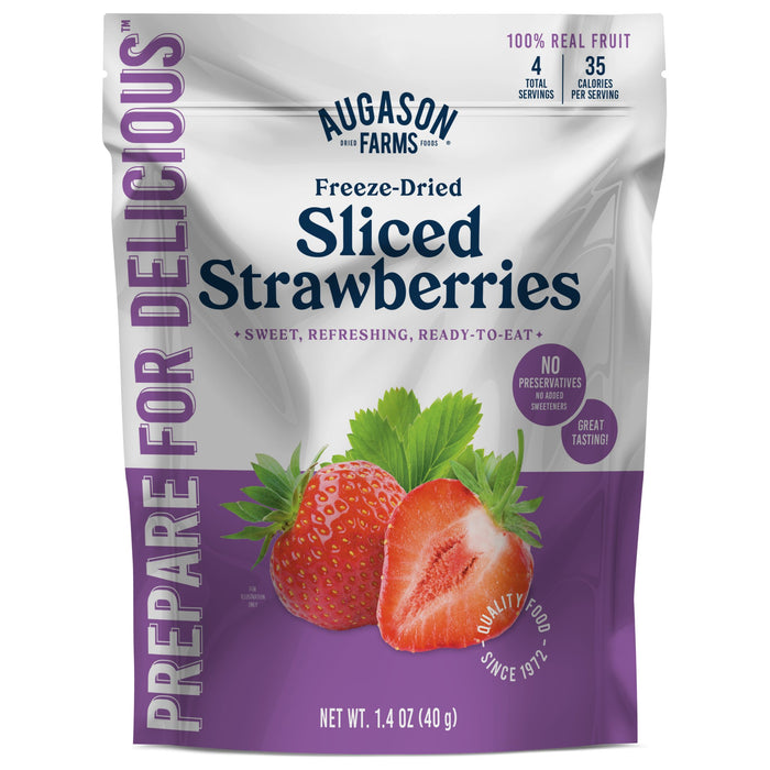 Augason Farms Freeze Dried Sliced Strawberries Pouch offers 4 servings rich in vitamin C. The front displays ripe strawberries, nutrition facts, and product details—ideal for quick snacks or rehydrating in smoothies.