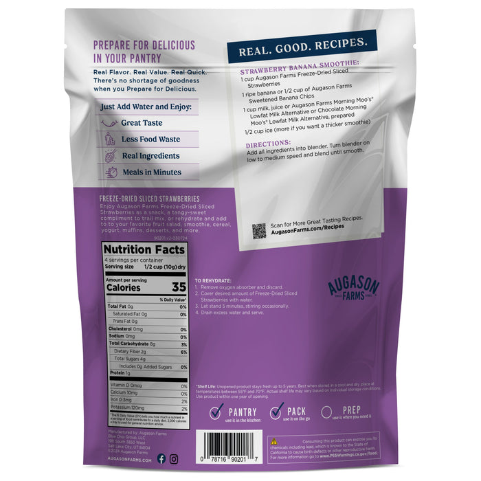 Back of Augason Farms Freeze Dried Sliced Strawberries Pouch (4 servings): nutrition facts, prep instructions, smoothie recipe, QR code for more recipes—rehydrate for smoothies or enjoy as a vitamin C-rich snack.