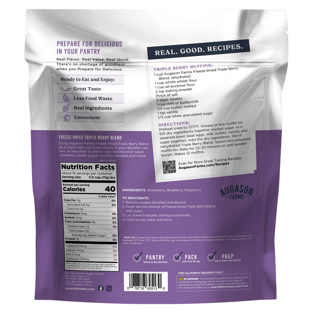 Freeze Dried Triple Berry Blend Family Size Pouch, 16 Servings - Augason Farms