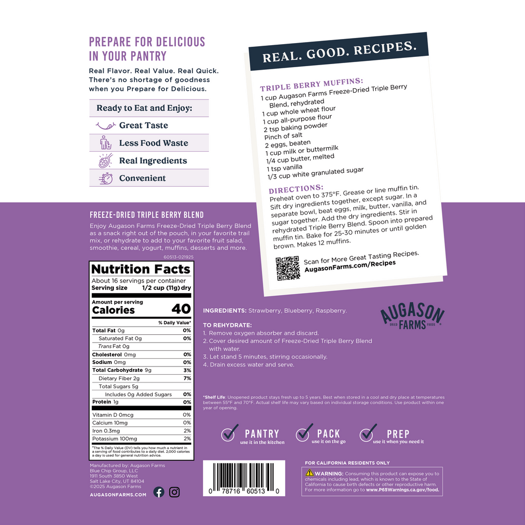 Freeze Dried Triple Berry Blend Family Size Pouch, 16 Servings - Augason Farms