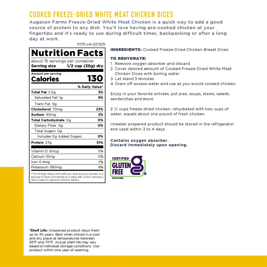 Freeze - Dried White Meat Chicken (100% Real Chicken) - Augason Farms