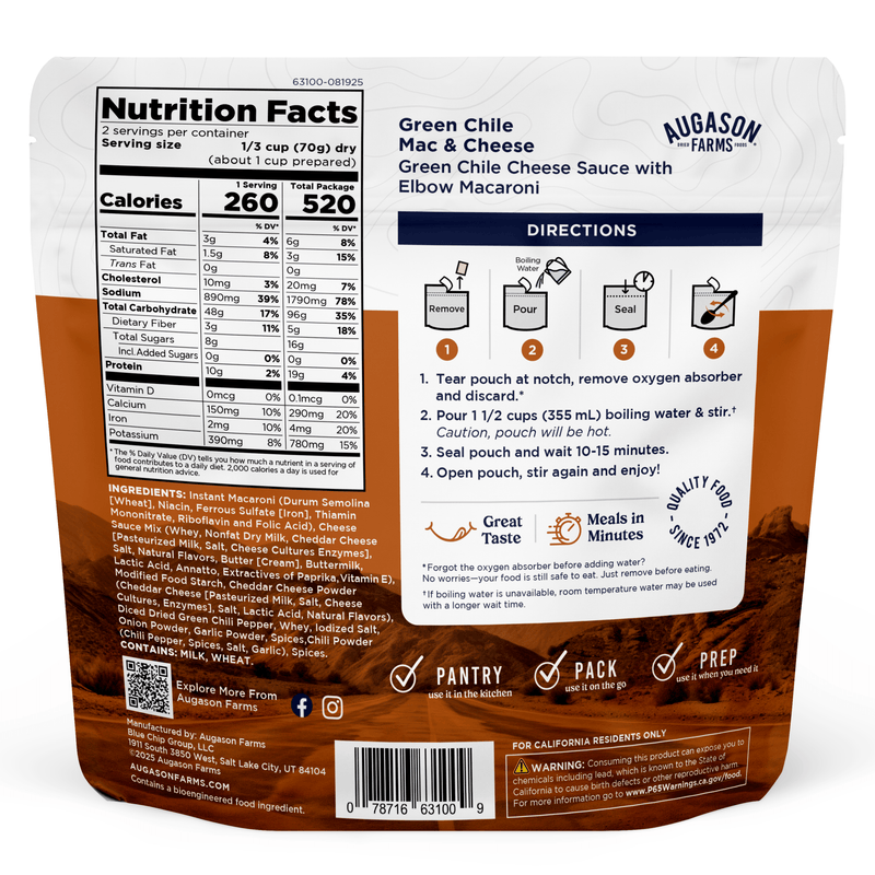 Green Chile Mac & Cheese, Cook in Pouch, Outdoor Meals, 2 Servings - Augason Farms