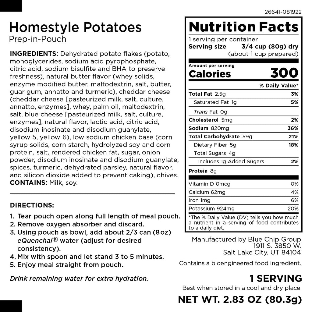 Homestyle Potatoes, Cold Fill, No Heat Required, 1 Serving - Augason Farms